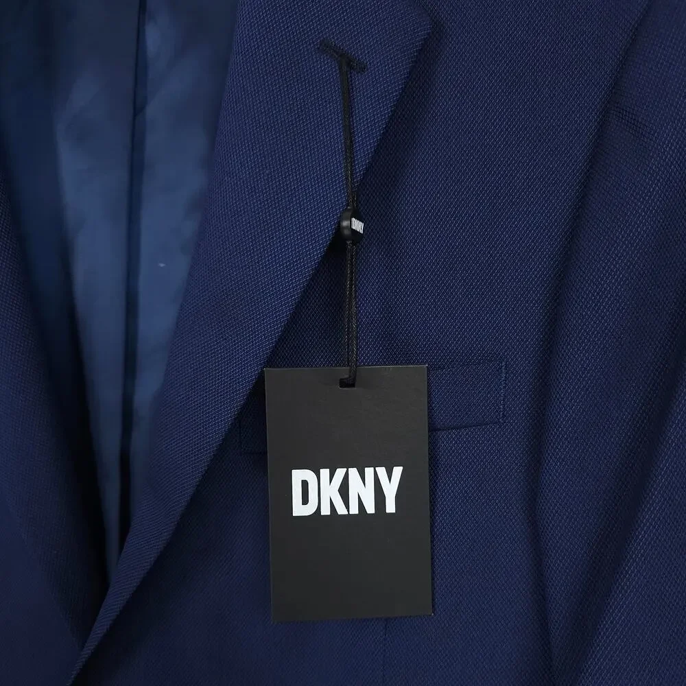 DKNY Mens Modern Fit 2 Piece Suit 38L 32x32 Blue Solid Birdseye Stretch NWT